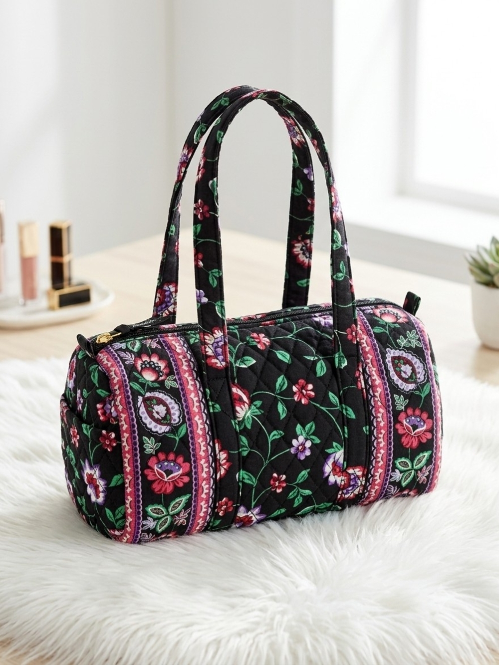 Quilted Floral Barrel Tote Bag - Black with Pink & Green